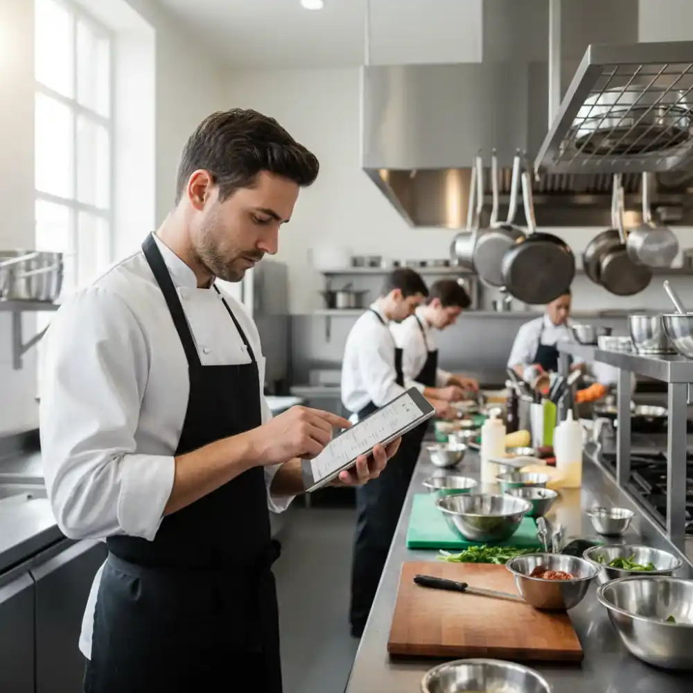 Chef consultando tablet en una cocina profesional