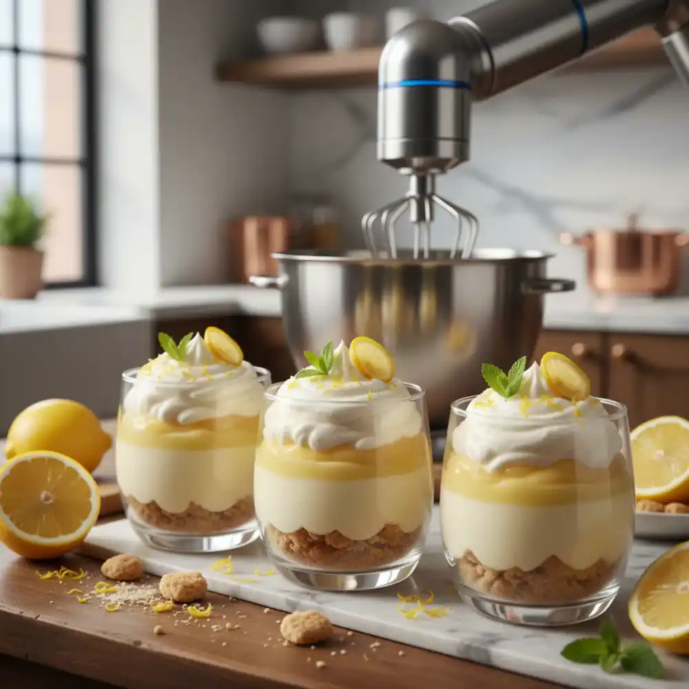Vasos con crema de limón y crumble preparados con robot de cocina