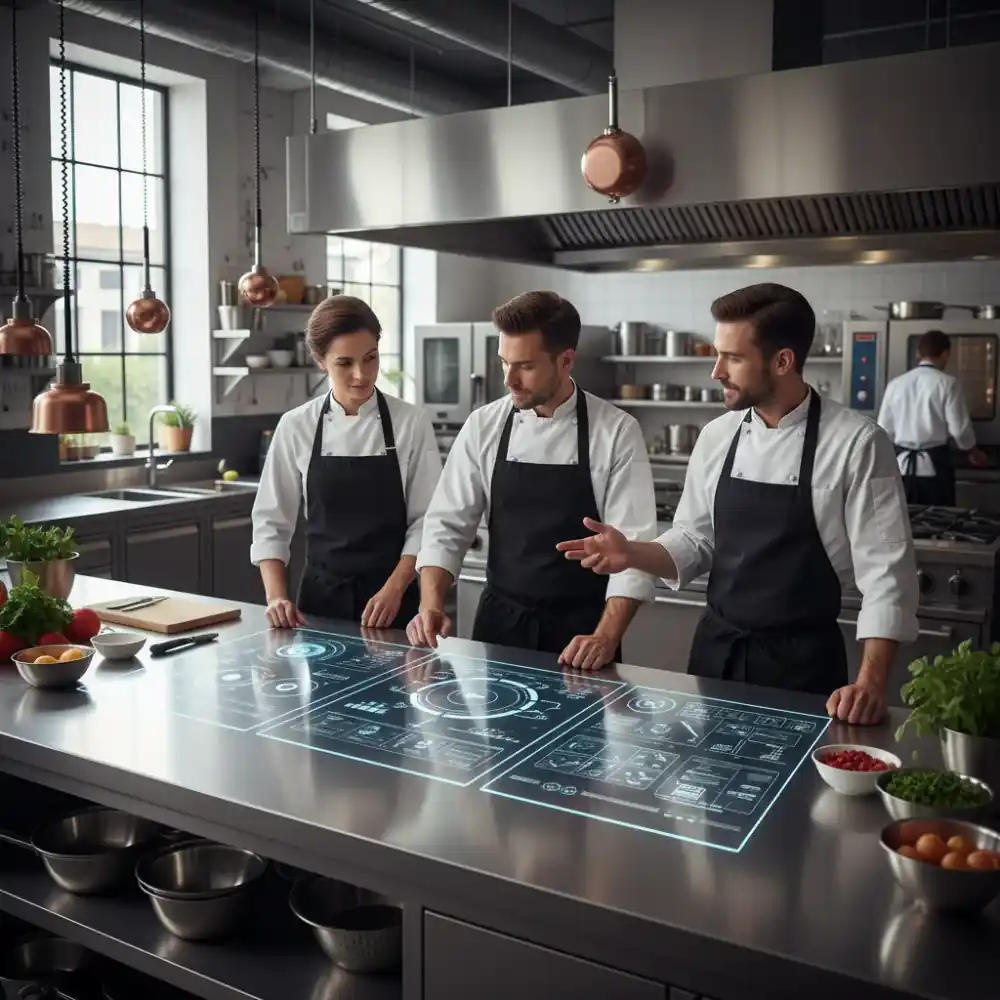 Equipo de cocina profesional trabajando con pantallas conectadas