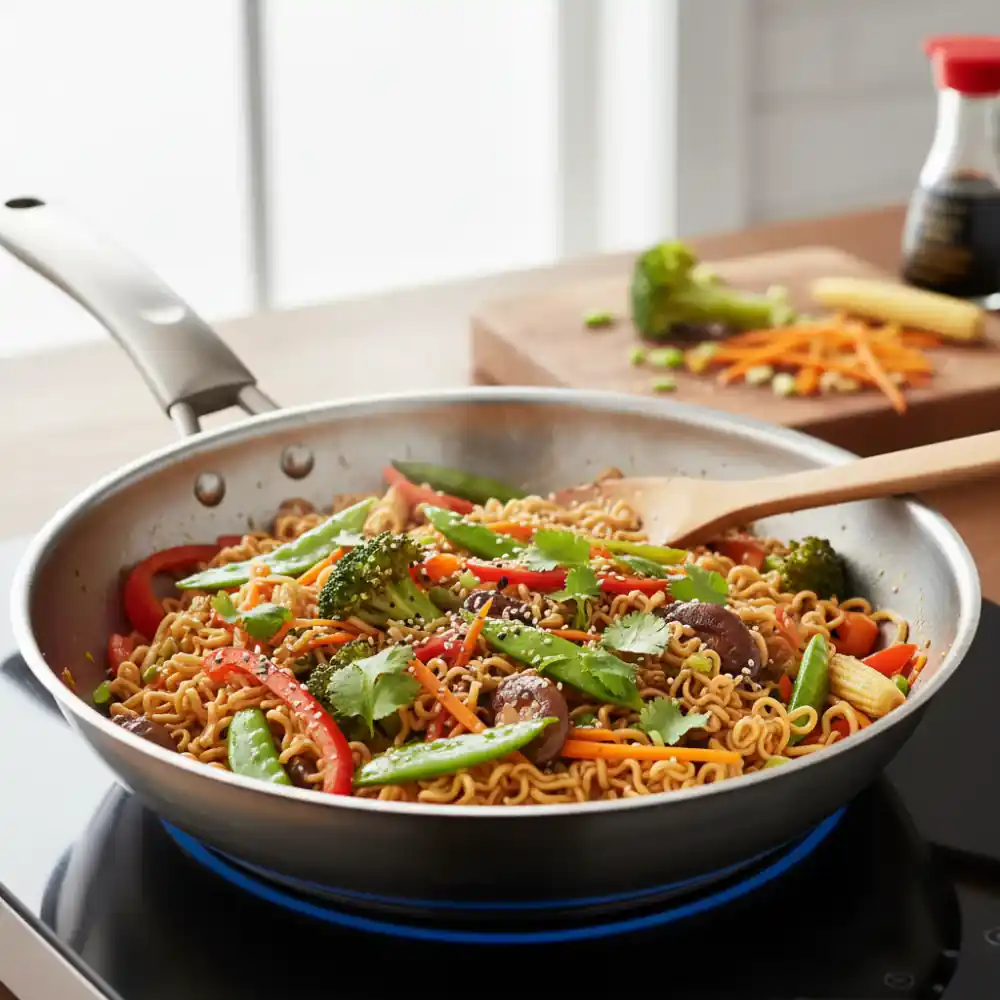 Wok de verduras y noodles en placa de inducción