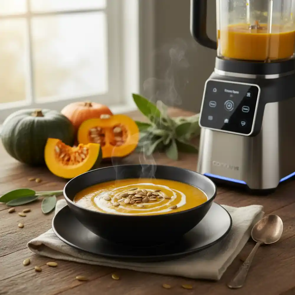 Bol de crema de calabaza con toppings crujientes