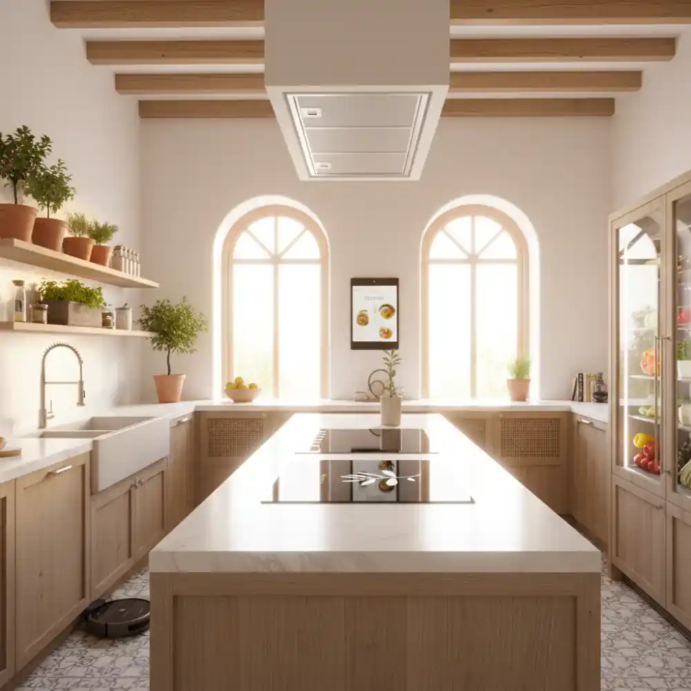 Vista superior de una cocina moderna conectada con pantalla de recetas