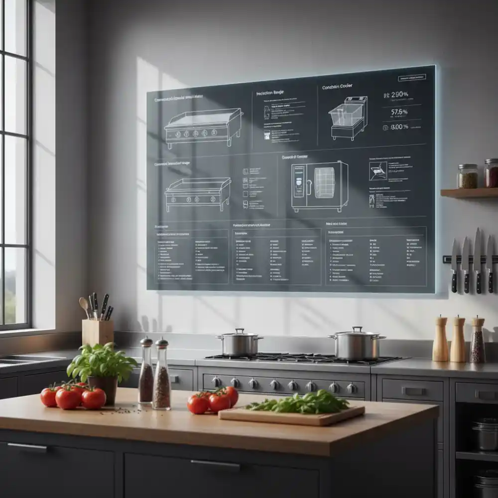 Pantalla con recetas inteligentes y fichas técnicas de cocina