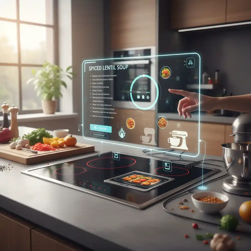 Pantalla de recetas inteligentes junto a electrodomésticos conectados